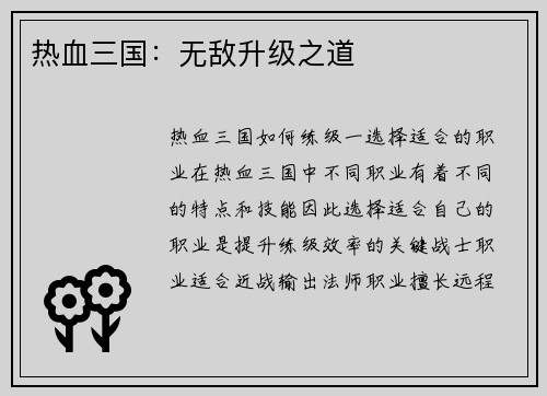热血三国：无敌升级之道