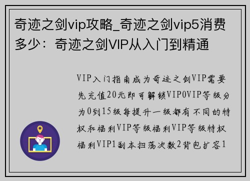 奇迹之剑vip攻略_奇迹之剑vip5消费多少：奇迹之剑VIP从入门到精通